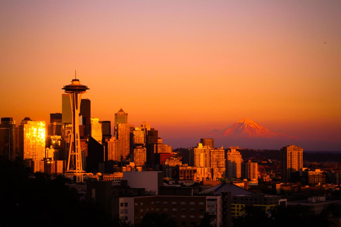 The Seattle skyline at sunset